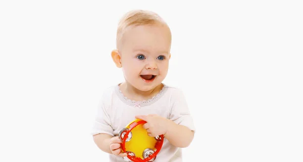Portrait Nahaufnahme Eines Babys Das Mit Spielzeug Auf Weißem Hintergrund — Stockfoto