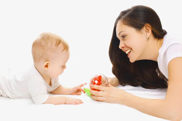 Portrait Smiling Mother Baby Playing Toys White Background — Stock Photo, Image