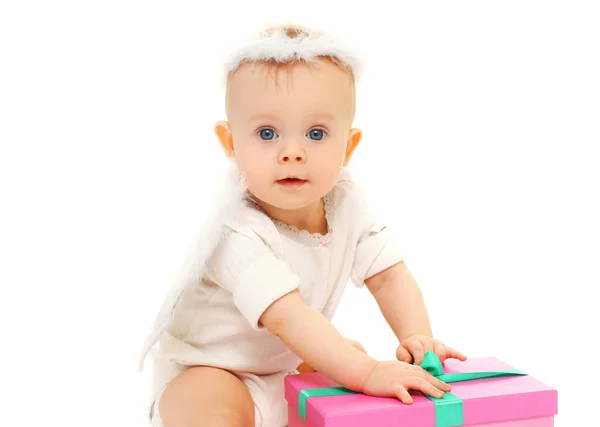 Retrato Bebê Bonito Brincando Com Brinquedos Sobre Fundo Branco — Fotografia de Stock