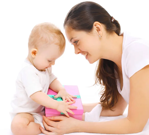 Portrait Cheerful Smiling Mother Baby Playing Toys White Background Stock Photo