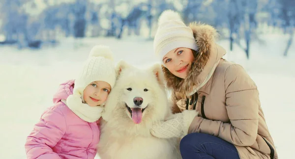 Portret Van Gelukkige Moeder Kind Met Witte Samoyed Hond Winterpark — Stockfoto
