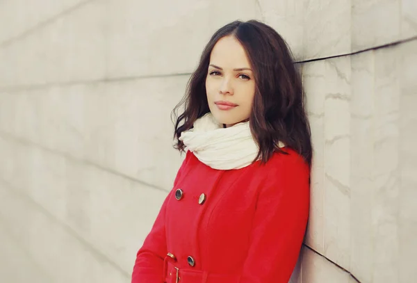 Portrait Lovely Young Brunette Woman Wearing Red Jacket Scarf City — Stock Photo, Image