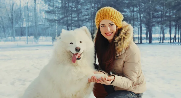 Portret Uśmiechniętej Młodej Właścicielki Białym Samoyedem Parku Zimowym — Zdjęcie stockowe