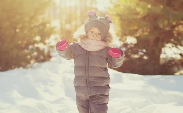 Retrato Lindo Niño Feliz Invierno Sobre Fondo Nevado —  Fotos de Stock