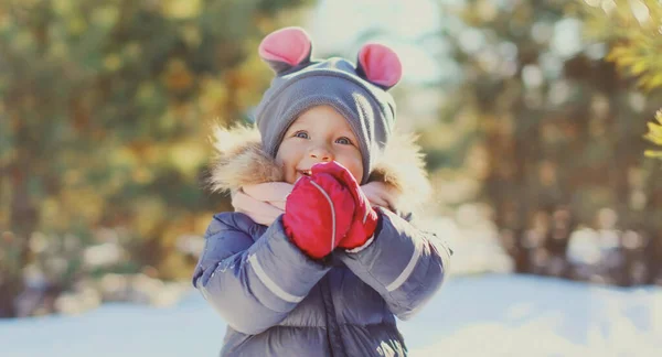 Portrait Mignon Petit Enfant Heureux Hiver Sur Fond Neigeux — Photo