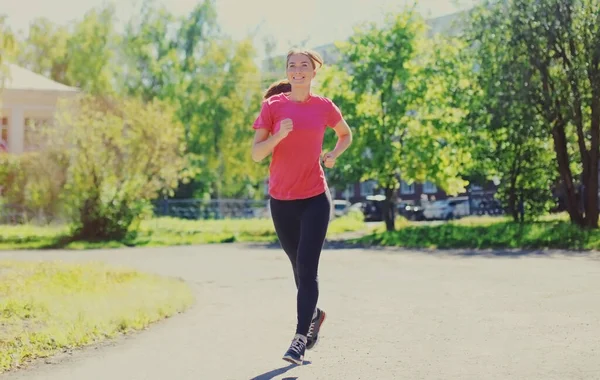 Happy Smiling Young Woman Running City Park — Stock Photo, Image