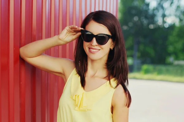 Portrait Beautiful Young Woman Yellow Dress Red Background — Stock Photo, Image