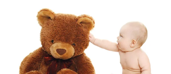 Retrato Bebé Sentado Suelo Jugando Con Osito Peluche Grande Sobre —  Fotos de Stock