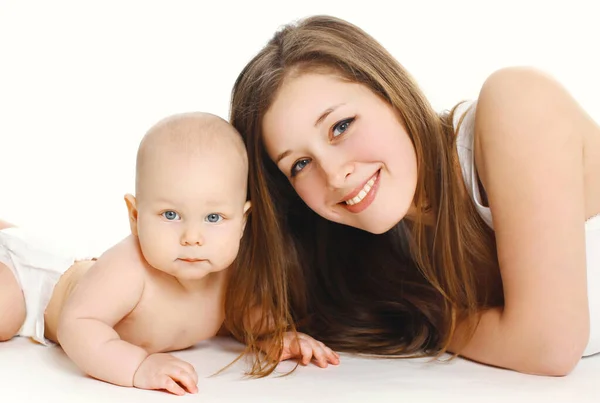 Portrait Happy Smiling Mother Baby Playing Together White Background — Stock Photo, Image