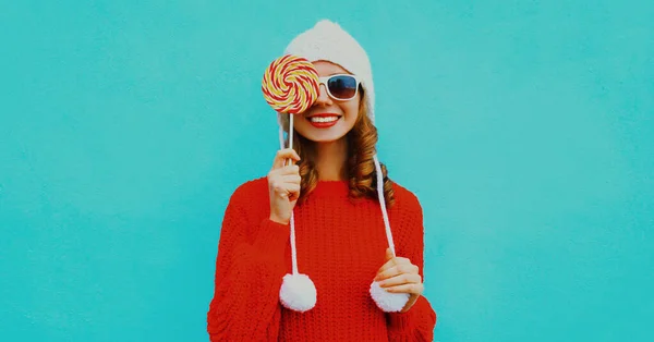 Portrait Young Smiling Woman Covering Her Eye Lollipop Wearing Red — ストック写真