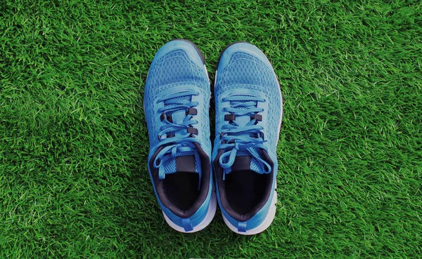 Close up blue sports sneakers on a green grass background, blank copy space