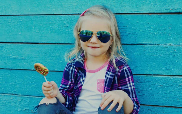Portrait Little Girl Child Lollipop Blue Wooden Background — Stock Fotó