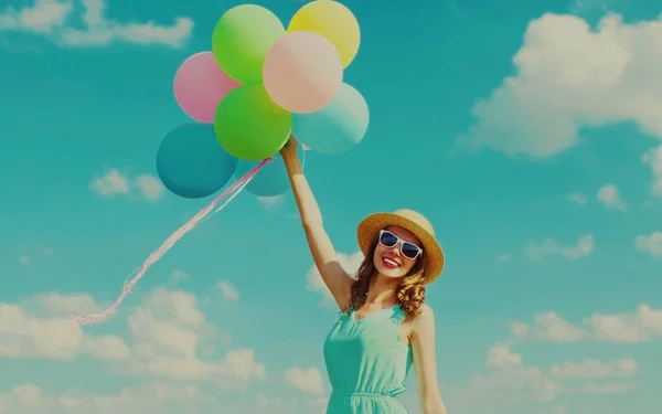 Happy Smiling Young Woman Bunch Colorful Balloons Wearing Summer Straw — Stock Photo, Image