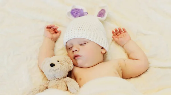 Close Portrait Sweet Baby Sleeping White Bed Home — Stock Photo, Image