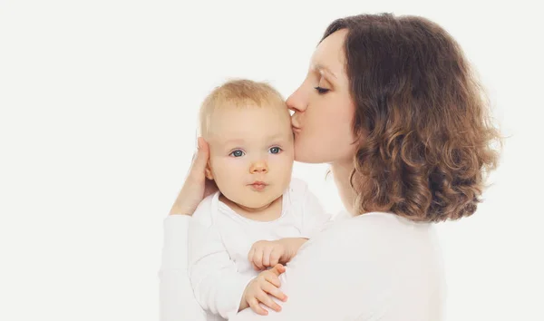Portrait Happy Mother Kissing Her Little Baby White Background — Stock Photo, Image