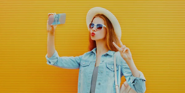 Modern Young Woman Taking Selfie Picture Phone City Orange Background — Stock Photo, Image