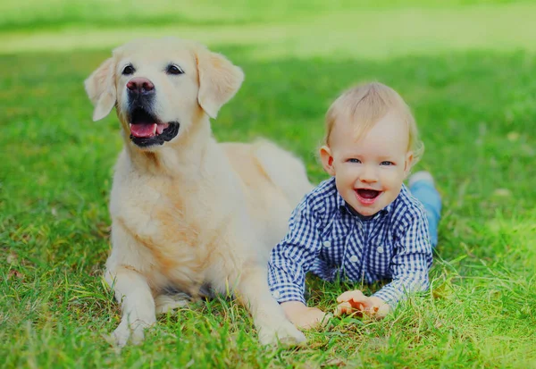 Petit Garçon Enfant Golden Retriever Chien Ensemble Sur Une Herbe — Photo