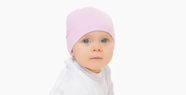 Retrato Bebê Pequeno Bonito Chapéu Rosa Sobre Fundo Branco — Fotografia de Stock