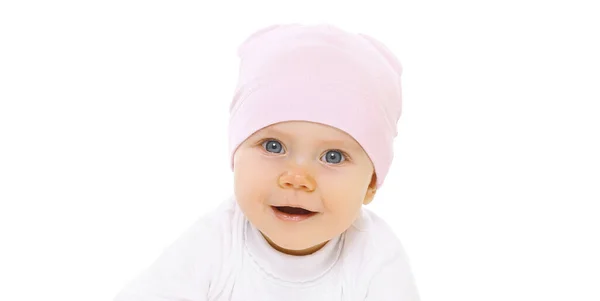 Retrato Bebê Pequeno Bonito Chapéu Rosa Sobre Fundo Branco — Fotografia de Stock