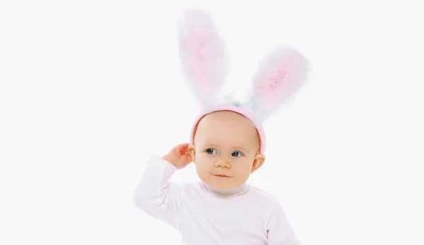 Portrait Baby Pink Rabbit Ears White Background — Stock Photo, Image