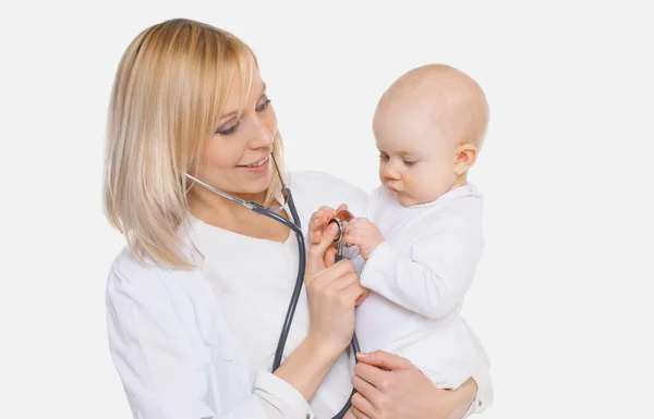 Close Woman Doctor Listening Heart Baby White Background — Stock Photo, Image