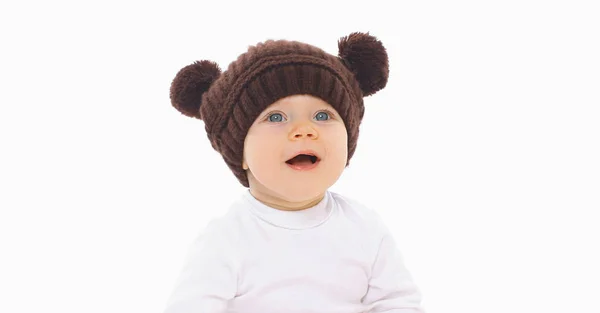 Portrait Cute Little Baby Brown Hat Bear Ears White Background — Stock Photo, Image