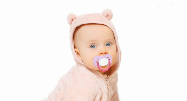 Portrait Little Baby Soft Pink Costume Pacifier White Background — Stock Photo, Image