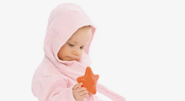 Portrait Little Baby Soft Pink Costume Toy White Background — Stock Photo, Image