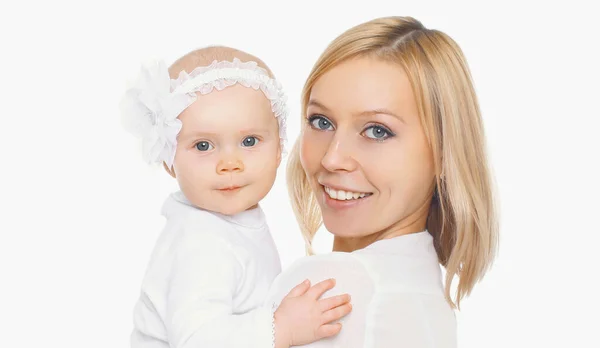 Portrét Usmívající Maminky Svým Malým Dítětem Bílém Pozadí — Stock fotografie
