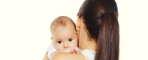 Portrait Close Happy Mother Holding Her Cute Baby White Background — Stok fotoğraf