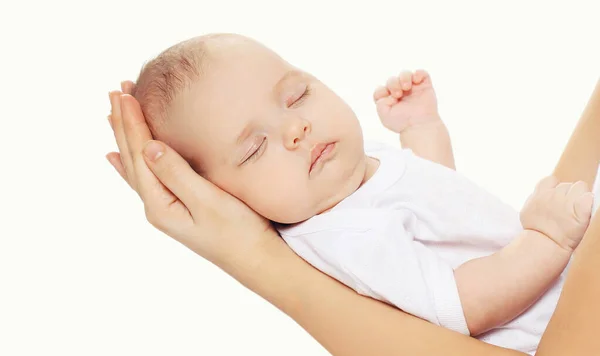 Portrait Close Cute Baby Sweet Sleeping Mother Hands White Background — Stok fotoğraf