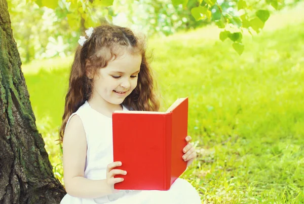 Portrait Little Girl Child Reading Book Grass Summer Park — Stock Photo, Image