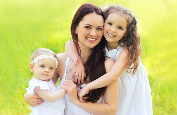在夏日的公园里 带着两个女儿在草地上快乐微笑的母亲的画像 — 图库照片