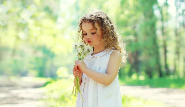 Retrato Niña Pequeña Soplando Flores Diente León Prado Soleado Primavera — Foto de Stock