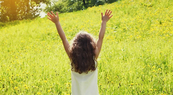 Arkaya bakan mutlu küçük kız çocuğu güneşli yaz gününde ellerini kaldırarak eğleniyor.