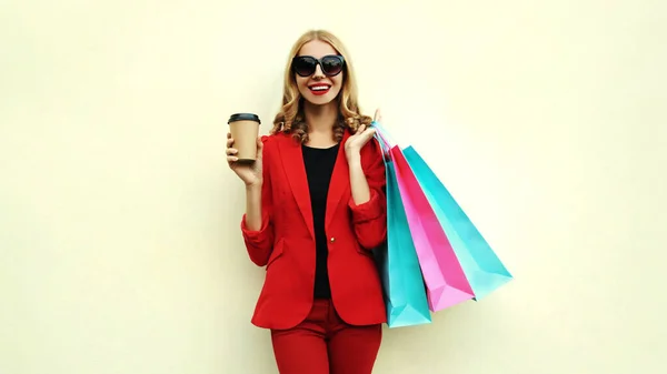 Portrait Happy Smiling Young Woman Shopping Bags Coffee Cup Wearing — Stock Photo, Image