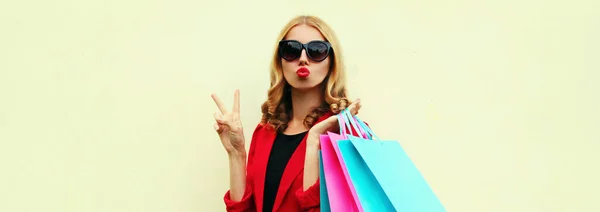 Portrait Close Caucasian Attractive Young Woman Shopping Bags Blowing Her — Stock Photo, Image