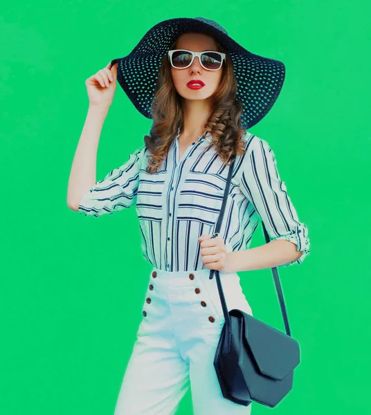 Portrait Beautiful Elegant Young Woman Wearing Black Summer Hat White — Stok Foto