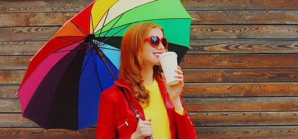 Autumn Portrait Happy Smiling Young Woman Colorful Umbrella — Stock Photo, Image