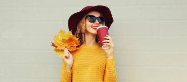 Sarı akçaağaç yaprakları ve gri arka planda kazak ve şapka giyen mutlu genç bir kadının sonbahar portresi.