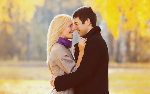 在黄叶背景的阳光普照的公园里 一对笑容可亲的年轻夫妇的画像 — 图库照片