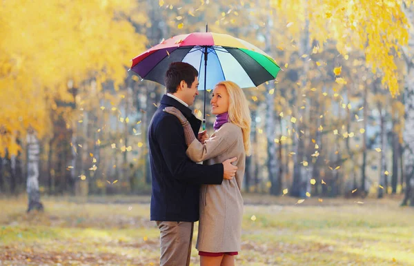 幸せな愛若いですカップル抱擁でカラフルな傘で暖かい晴れた日に黄色の飛行葉の背景 — ストック写真