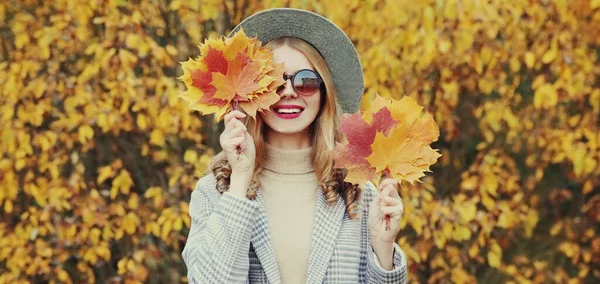 Retrato Outono Bela Mulher Sorridente Feliz Com Folhas Bordo Amarelas — Fotografia de Stock