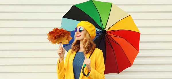 Autumn Portrait Happy Cheerful Smiling Young Woman Colorful Umbrella Yellow — Stock Photo, Image