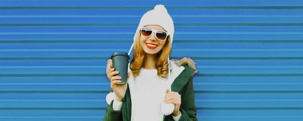 Winter Portrait Smiling Young Woman Coffee Cup Wearing White Hat Royalty Free Stock Images