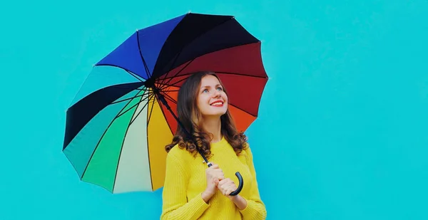 Autumn Portrait Happy Cheerful Smiling Young Woman Colorful Umbrella Wearing — Stock Photo, Image