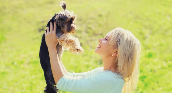 幸せな笑顔女性所有者とともにヨークシャーテリア犬で晴れた日 — ストック写真