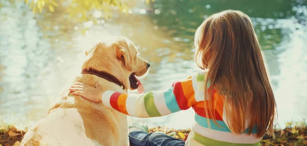 Liten Flicka Barn Med Labrador Retriever Hund Sitter Solig Sommarpark — Stockfoto