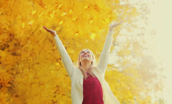 快乐的微笑的女人 秋天的公园里飘扬着黄叶 — 图库照片