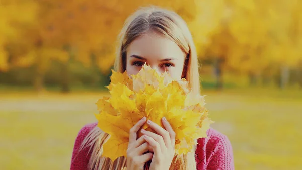美しいです笑顔ブロンド女性カバー彼女の顔とともに黄色のカエデの葉で秋の公園 — ストック写真